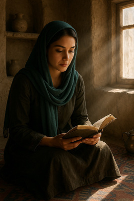 Laila, reading a book in her house