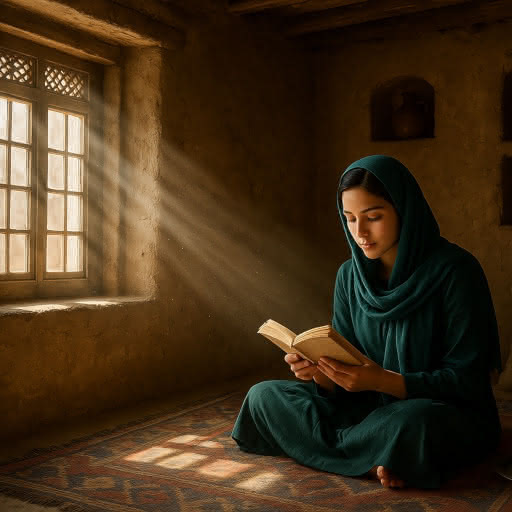 Laila, reading a book in her house